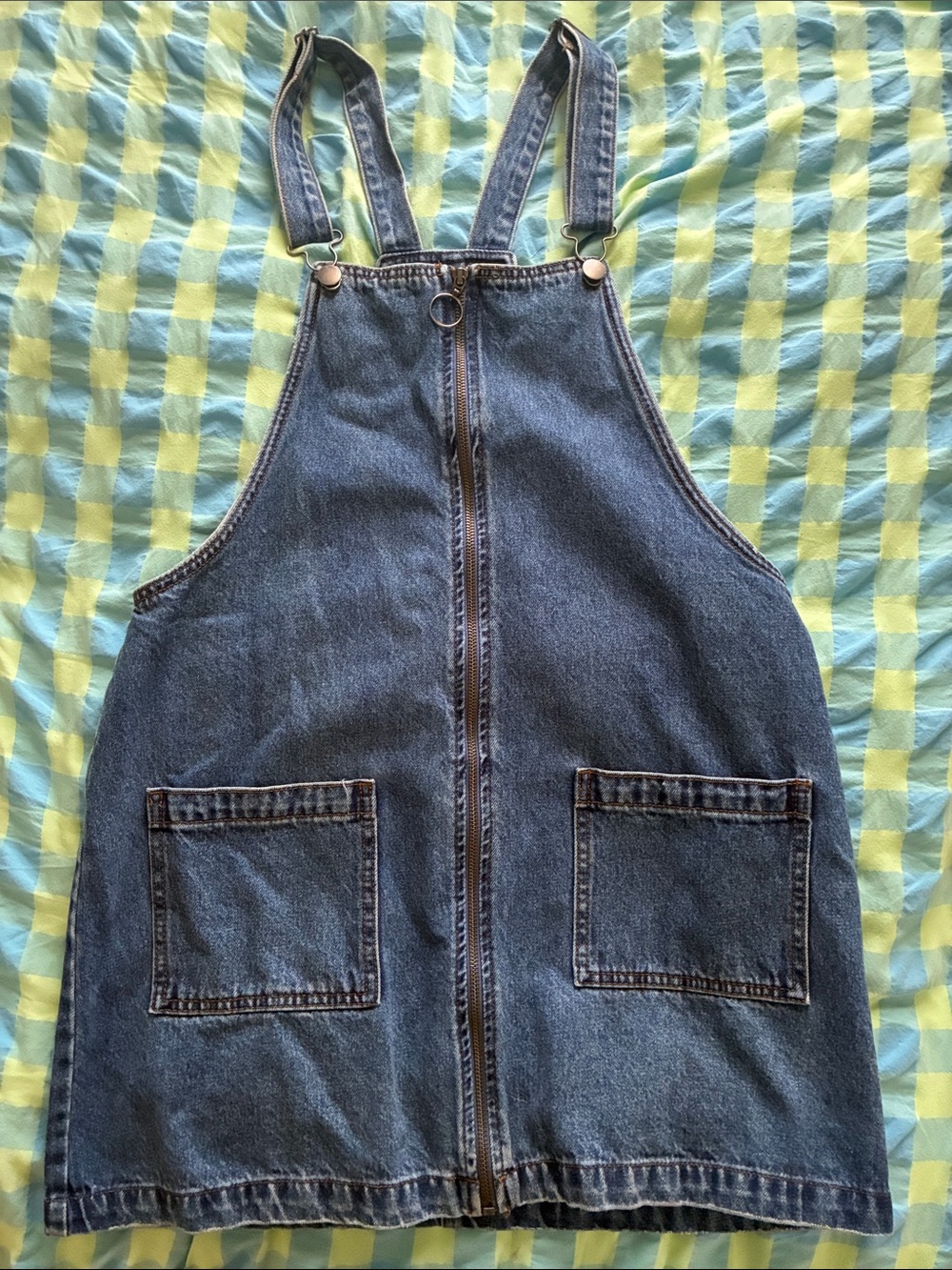 Denim zip up overalls mini dress